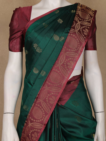 Bottle Green Floral Design Woven Soft Silk Saree - Diadem