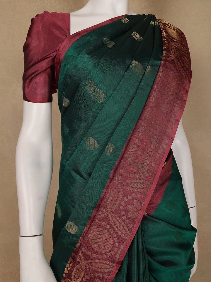 Bottle Green Floral Design Woven Soft Silk Saree - Diadem