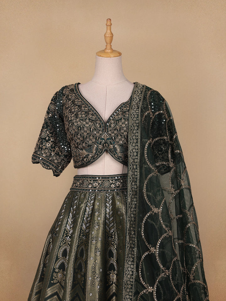 Bottle Green Floral Embroidered Semi Silk Lehenga for Brides - Diadem
