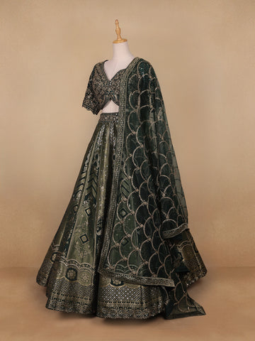 Bottle Green Floral Embroidered Semi Silk Lehenga for Brides - Diadem