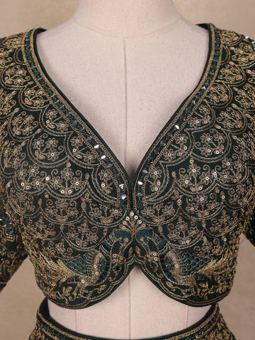 Bottle Green Floral Embroidered Semi Silk Lehenga for Brides - Diadem