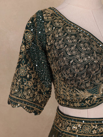 Bottle Green Floral Embroidered Semi Silk Lehenga for Brides - Diadem