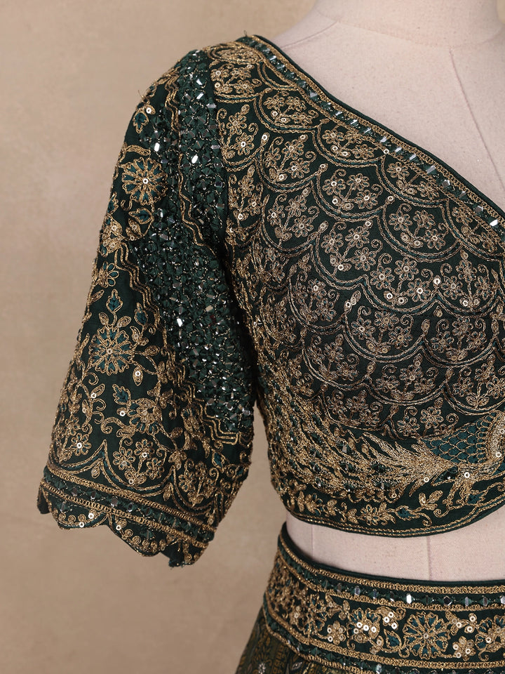 Bottle Green Floral Embroidered Semi Silk Lehenga for Brides - Diadem