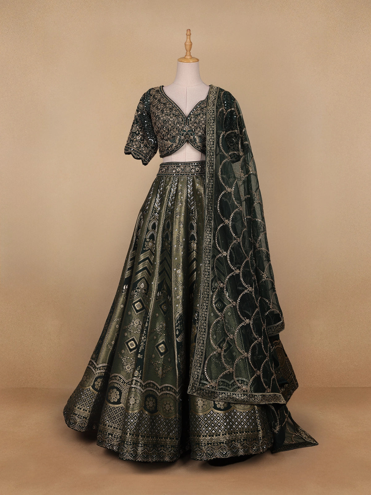 Bottle Green Floral Embroidered Semi Silk Lehenga for Brides - Diadem