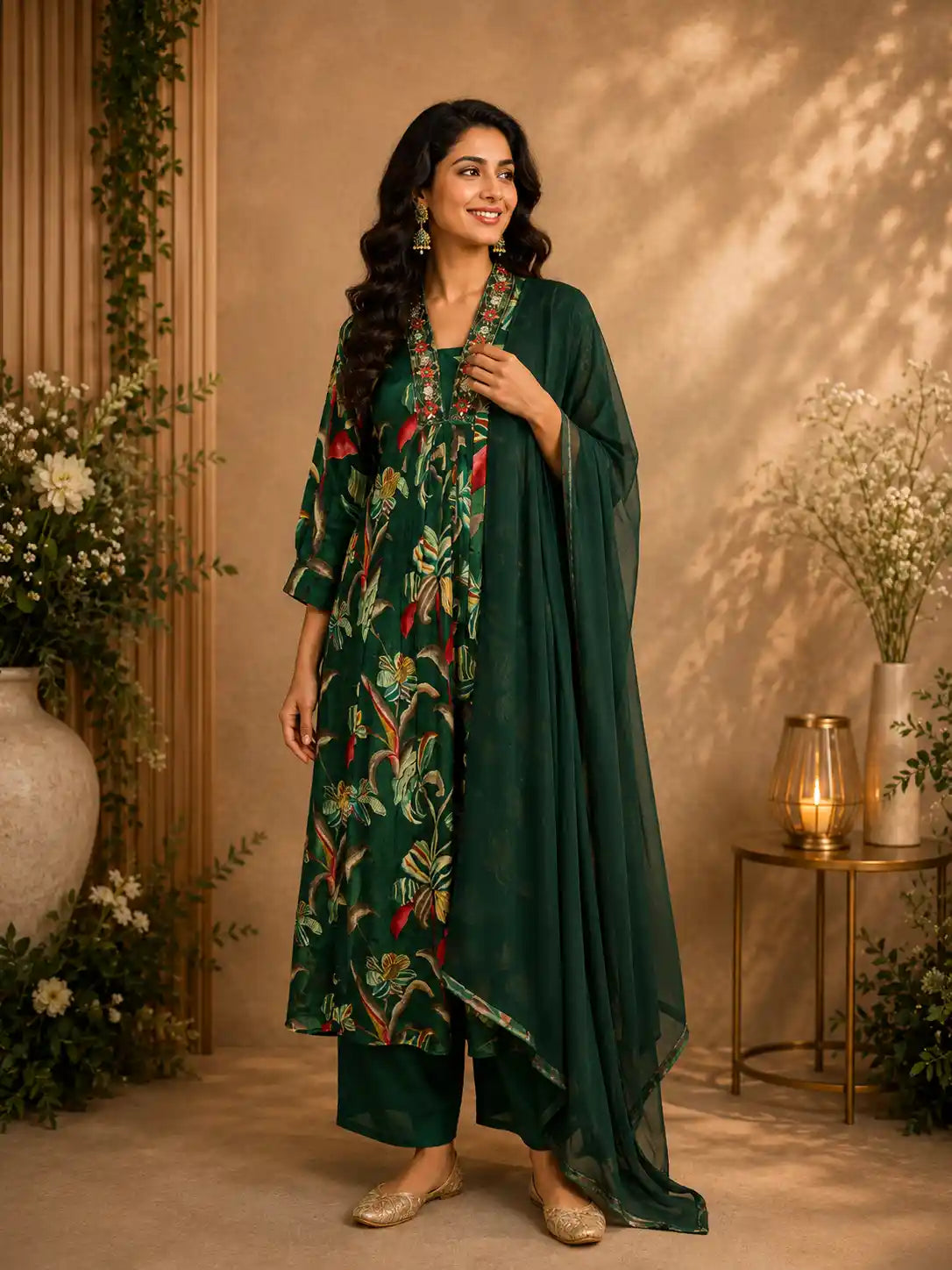 Bottle Green Floral Printed Design Chiffon Silk Anarkali Salwar Suit with Dupatta