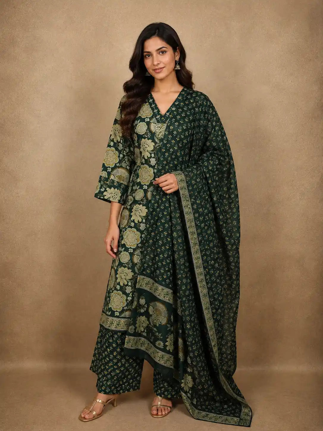 Bottle Green Floral Printed Design Cotton Salwar Suit with Dupatta