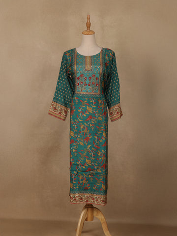 Bottle Green Floral Printed Rayon Kurti - Diadem