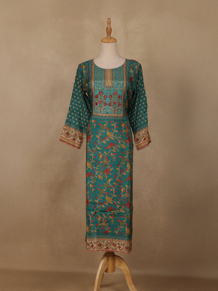 Bottle Green Floral Printed Rayon Kurti - Diadem