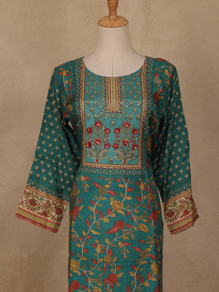 Bottle Green Floral Printed Rayon Kurti - Diadem
