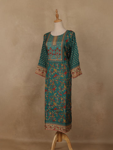 Bottle Green Floral Printed Rayon Kurti - Diadem