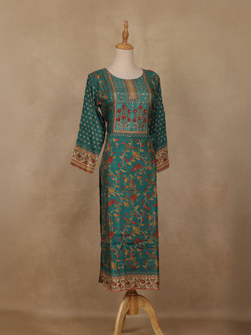 Bottle Green Floral Printed Rayon Kurti - Diadem