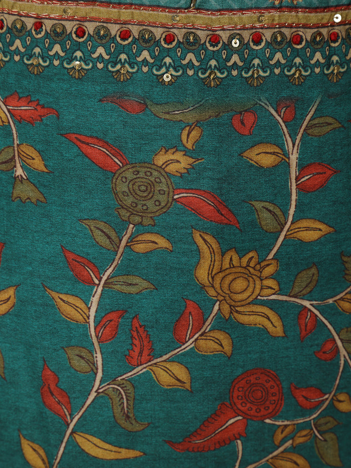 Bottle Green Floral Printed Rayon Kurti - Diadem