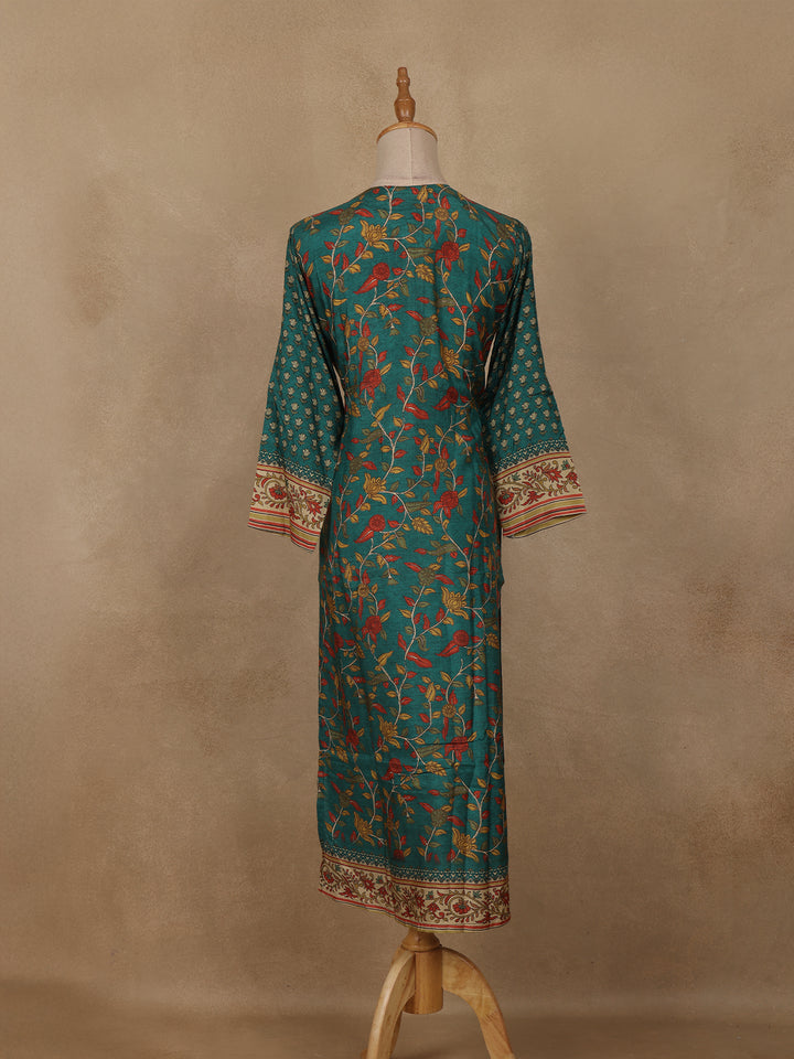 Bottle Green Floral Printed Rayon Kurti - Diadem