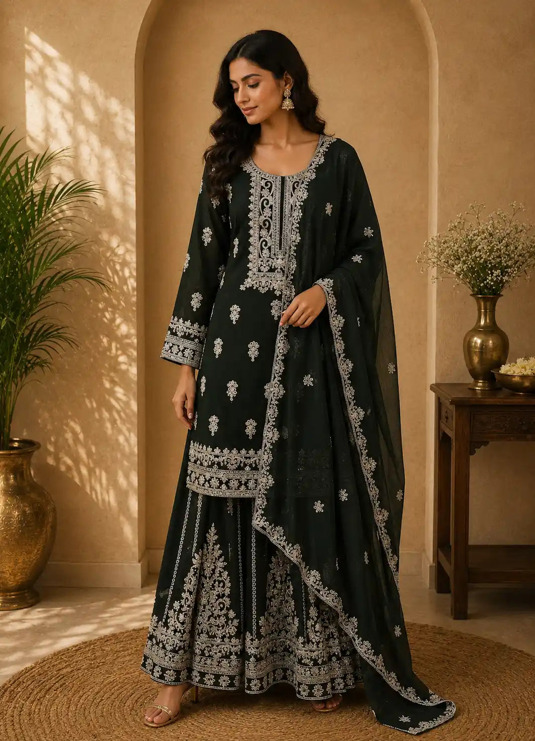 Bottle Green Floral Zari Embroidered Design Georgette Palazzo Suit with Dupatta