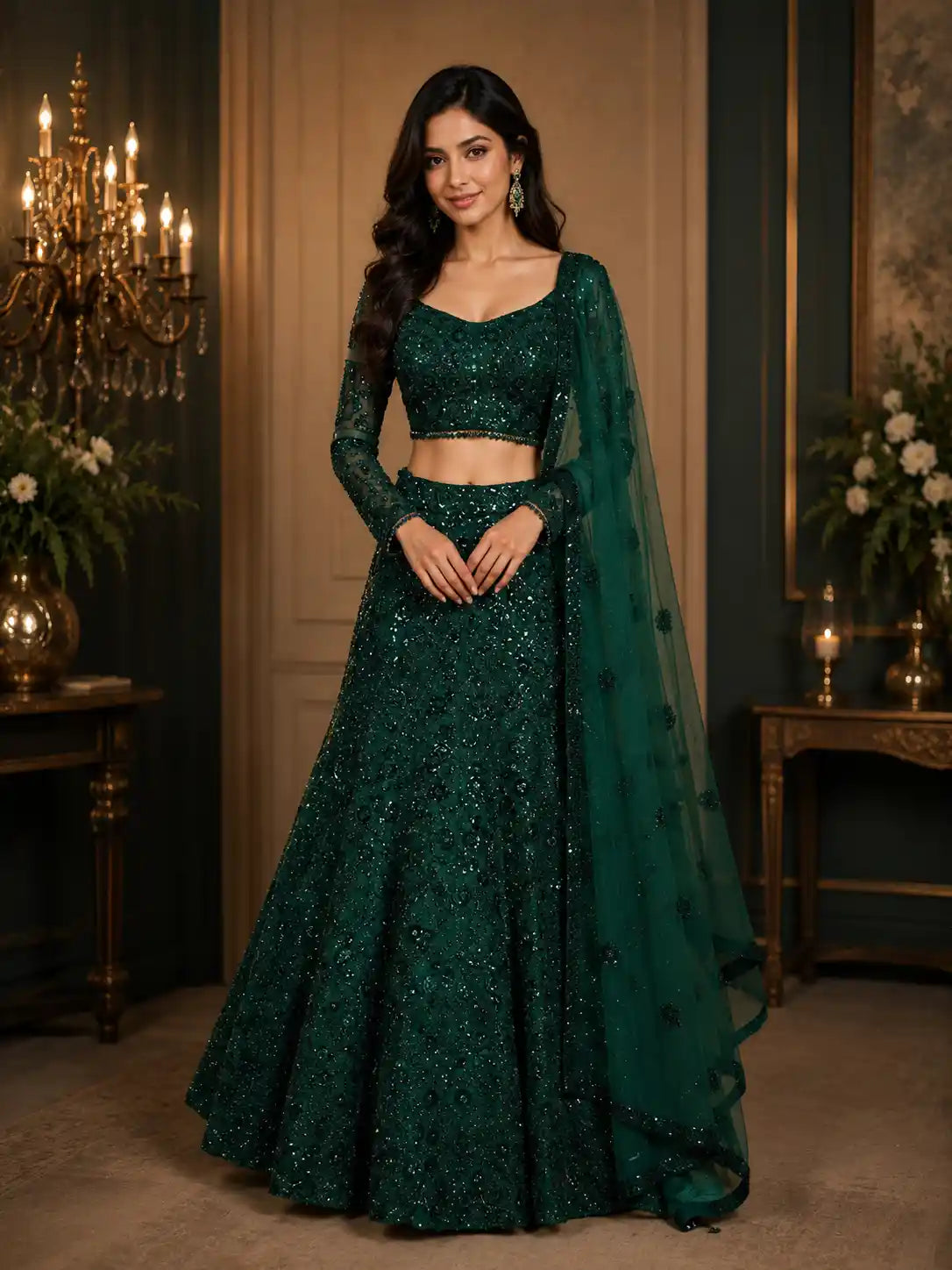 Bottle Green Heavy Sequins and Beads Embroidered Design Mermaid Net Lehenga With Dupatta