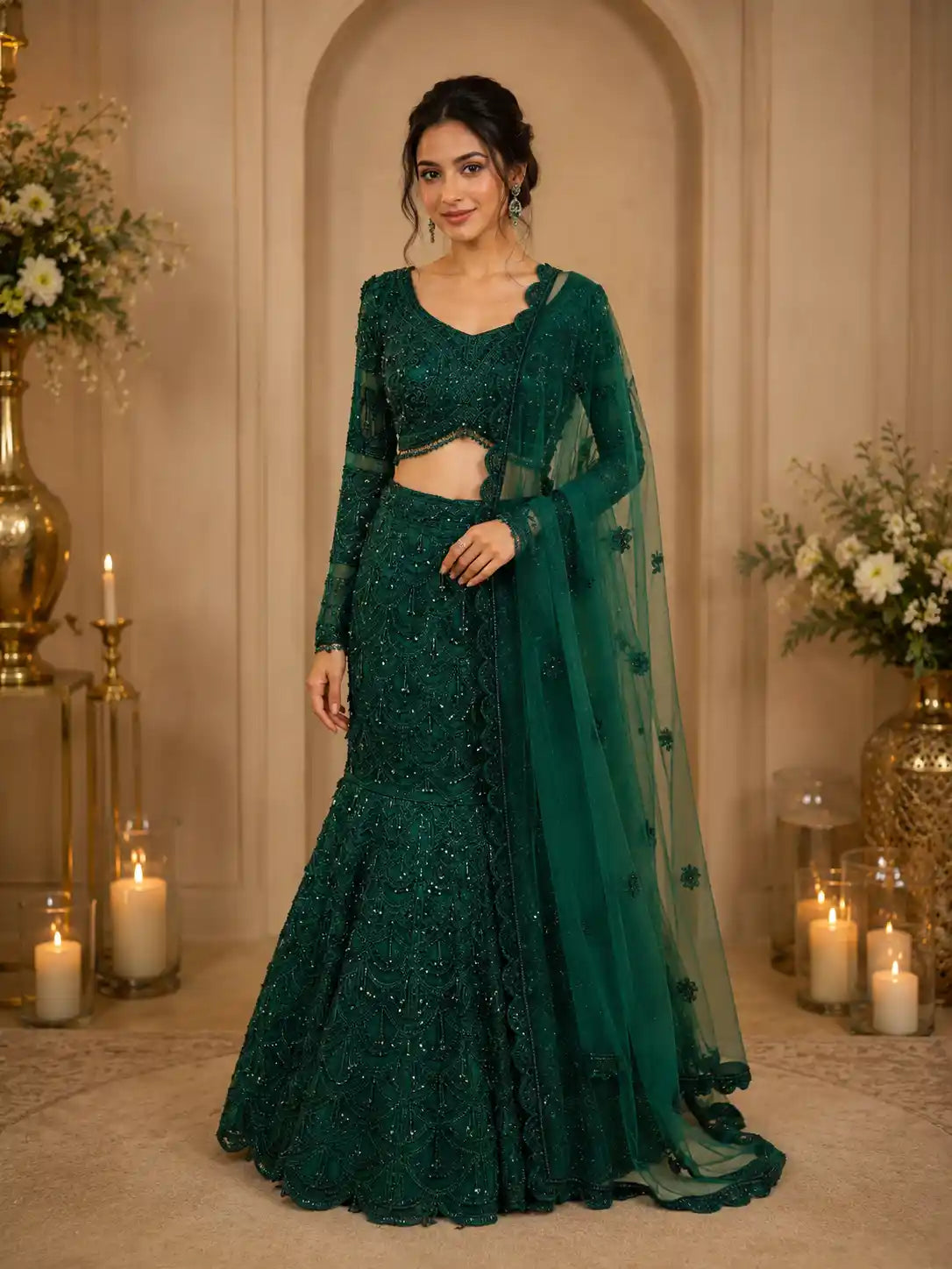 Bottle Green  Heavy Sequins and Beads Embroidered Design Net Mermaid Lehenga With Dupatta