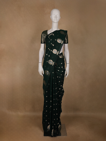 Bottle Green Leaf Motif Woven Banarasi Silk Saree - Diadem
