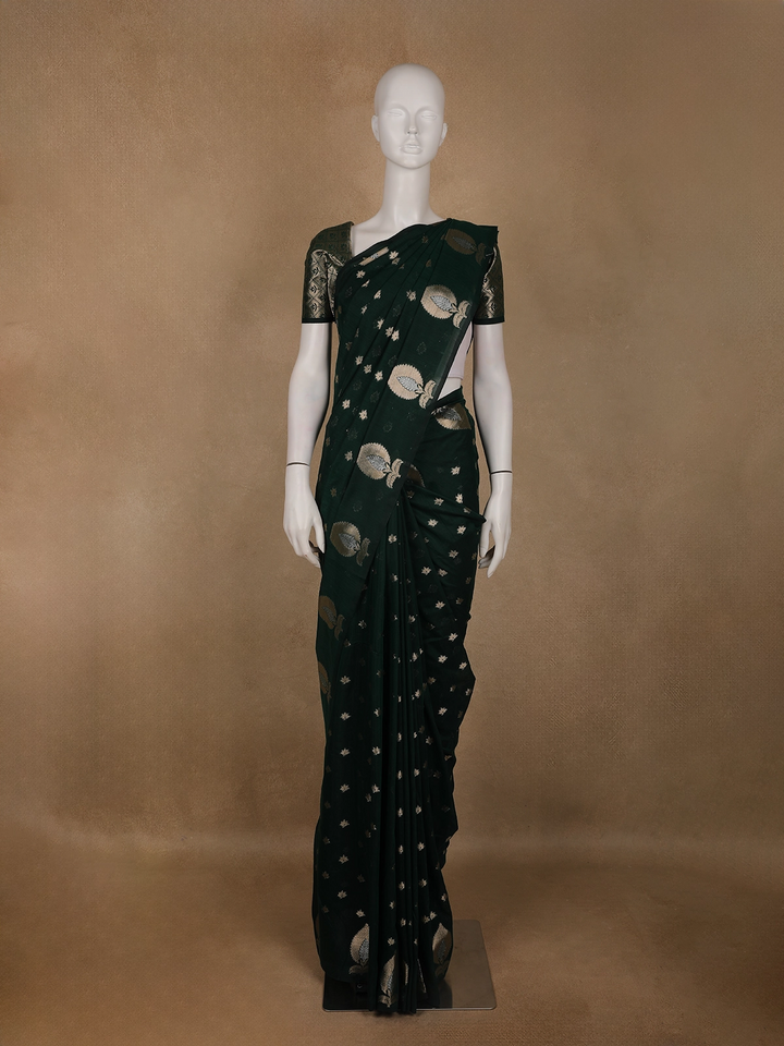 Bottle Green Leaf Motif Woven Banarasi Silk Saree - Diadem