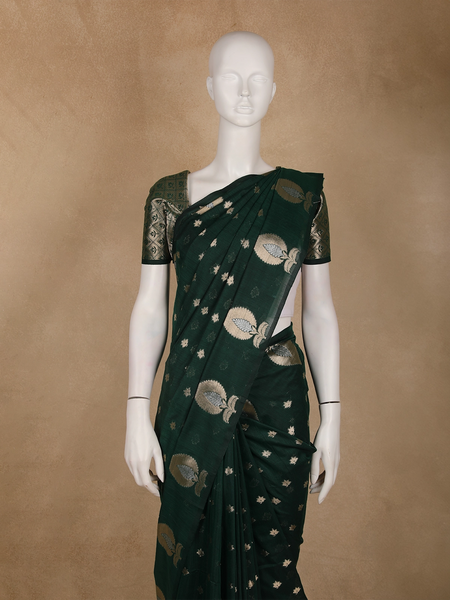 Bottle Green Leaf Motif Woven Banarasi Silk Saree - Diadem