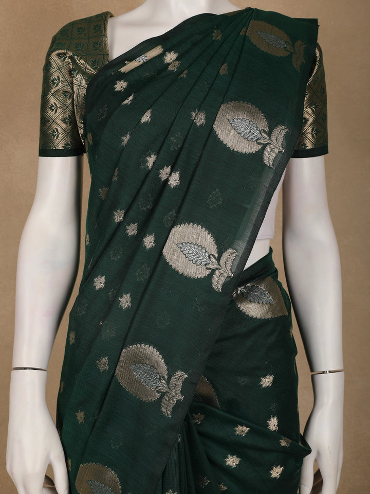 Bottle Green Leaf Motif Woven Banarasi Silk Saree - Diadem