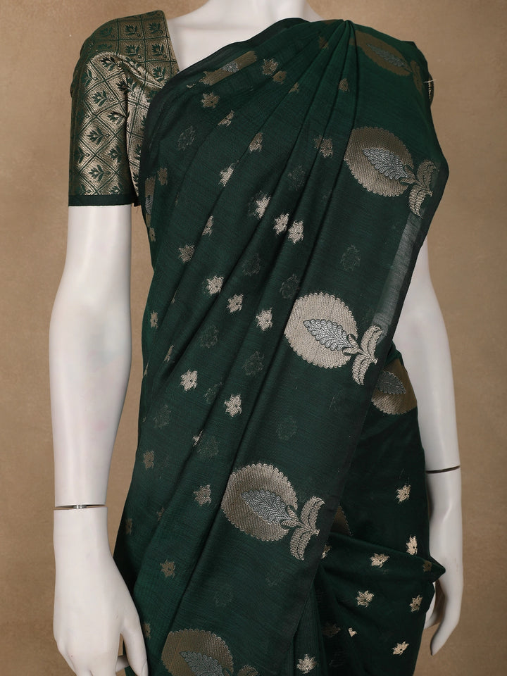 Bottle Green Leaf Motif Woven Banarasi Silk Saree - Diadem