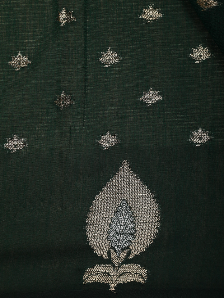 Bottle Green Leaf Motif Woven Banarasi Silk Saree - Diadem