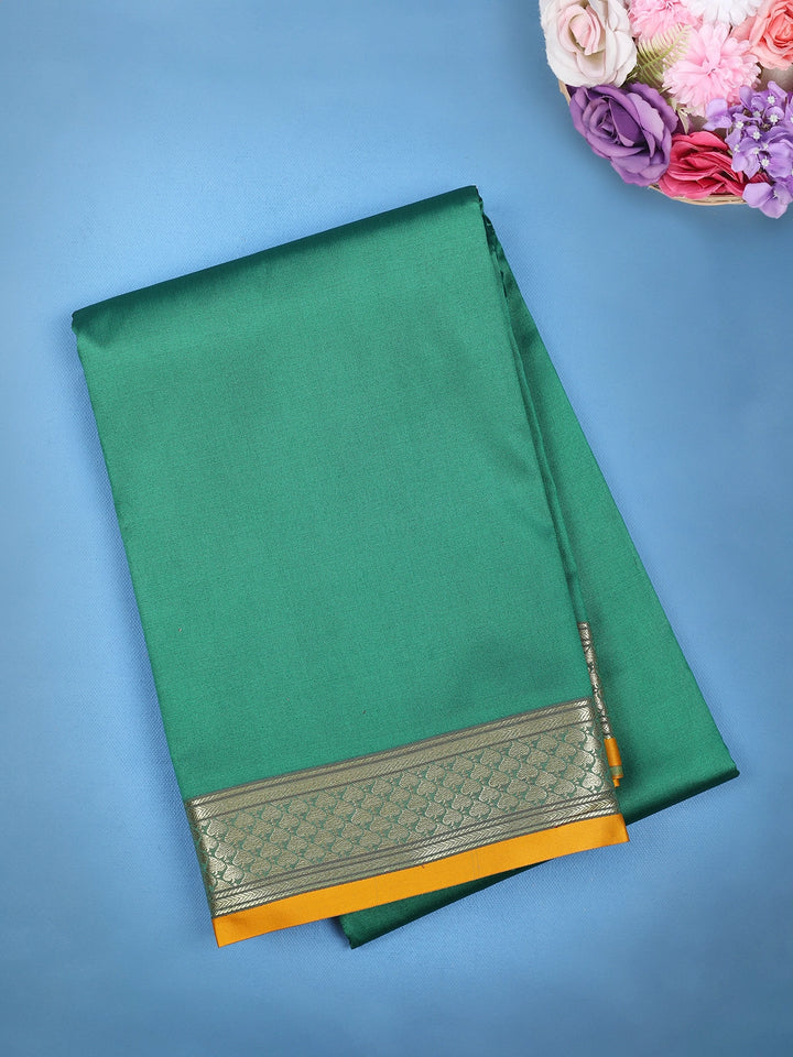 Bottle Green Silver Zari Border with Mustard Selvedge Soft Silk Saree - Diadem