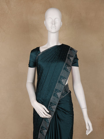Bottle Green Stone Embellishment Chiffon Saree - Diadem