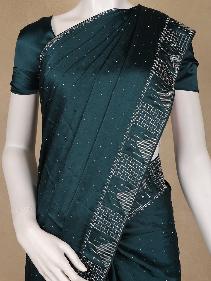Bottle Green Stone Embellishment Chiffon Saree - Diadem