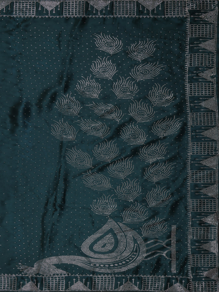 Bottle Green Stone Embellishment Chiffon Saree - Diadem