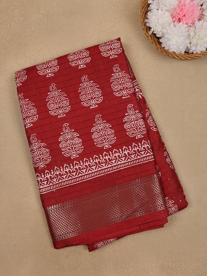 Brick Red Floral Designed Cotton Saree - Diadem