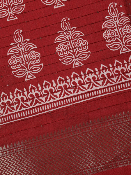 Brick Red Floral Designed Cotton Saree - Diadem