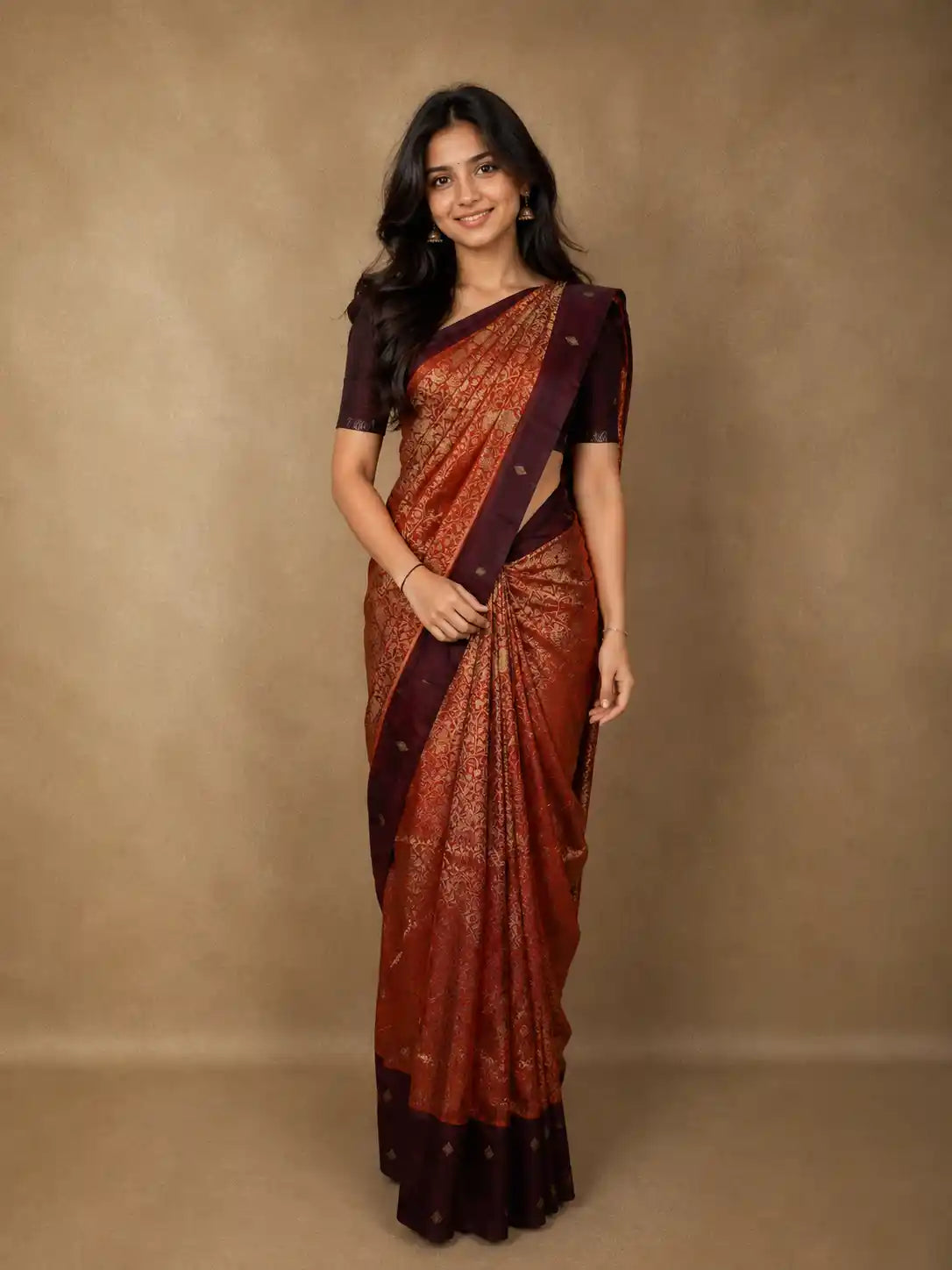 Brick Red Floral Zari Woven Design Pure Kanchipuram Silk Saree with Contrast Maroon Border
