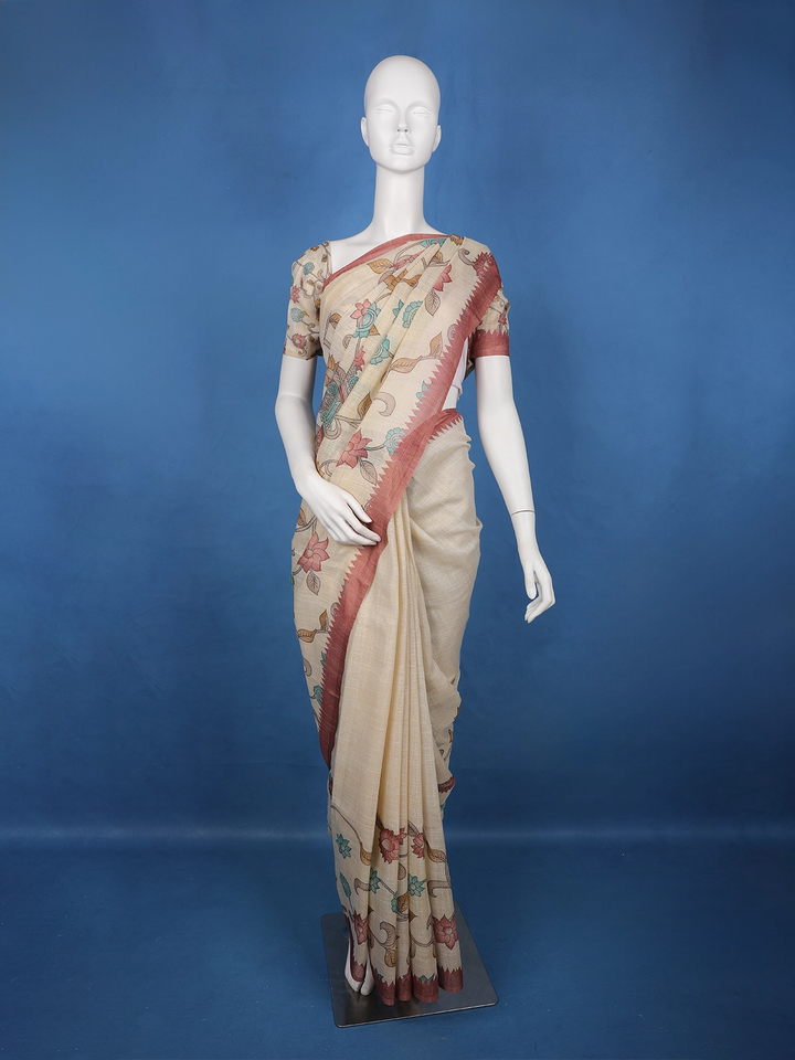 Brick Red Kalamkari Inspired Floral Printed Cotton Saree - Diadem