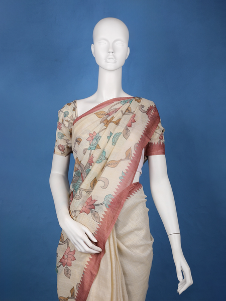 Brick Red Kalamkari Inspired Floral Printed Cotton Saree - Diadem