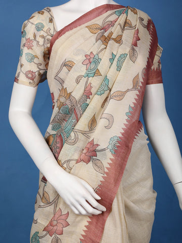 Brick Red Kalamkari Inspired Floral Printed Cotton Saree - Diadem