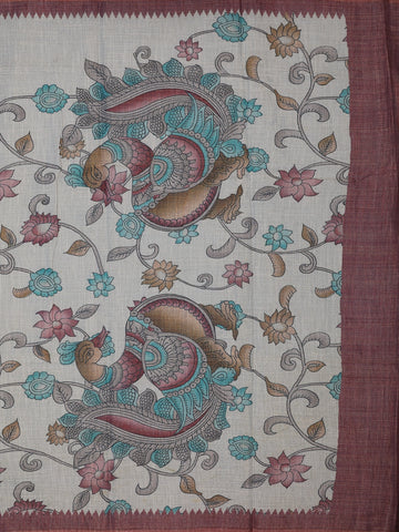 Brick Red Kalamkari Inspired Floral Printed Cotton Saree - Diadem