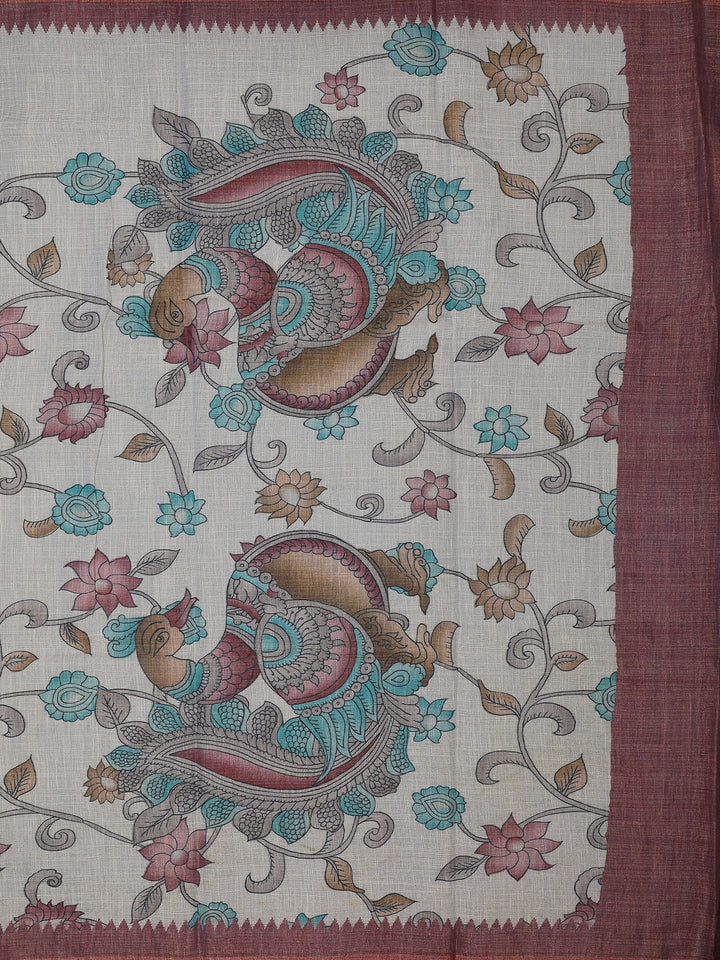 Brick Red Kalamkari Inspired Floral Printed Cotton Saree - Diadem
