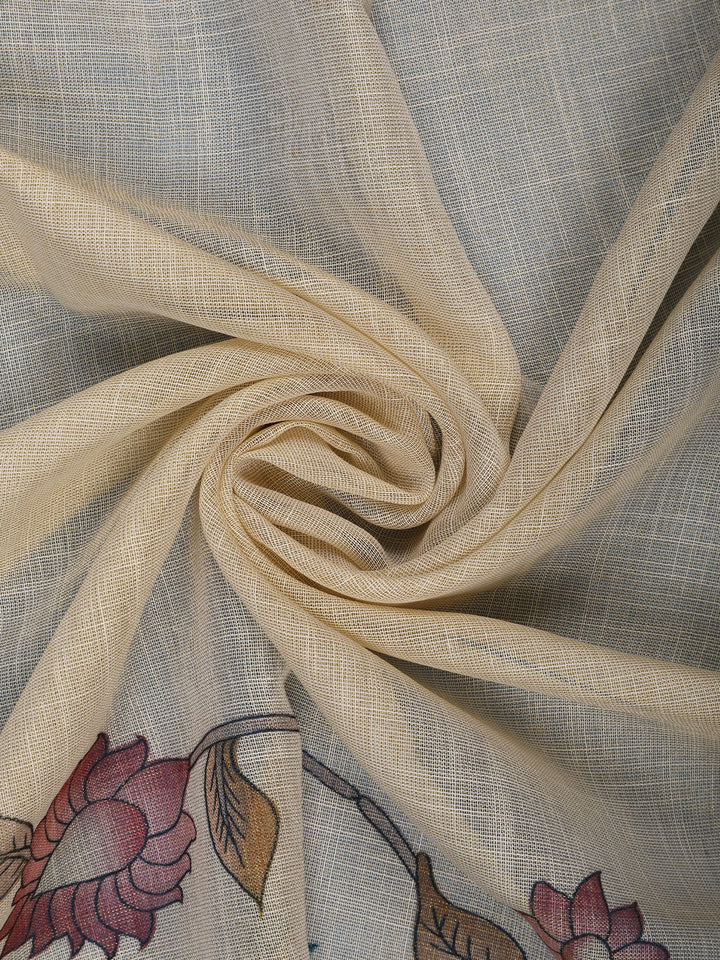 Brick Red Kalamkari Inspired Floral Printed Cotton Saree - Diadem