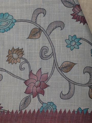 Brick Red Kalamkari Inspired Floral Printed Cotton Saree - Diadem