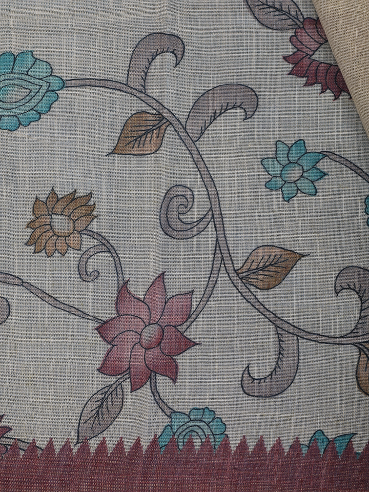 Brick Red Kalamkari Inspired Floral Printed Cotton Saree - Diadem