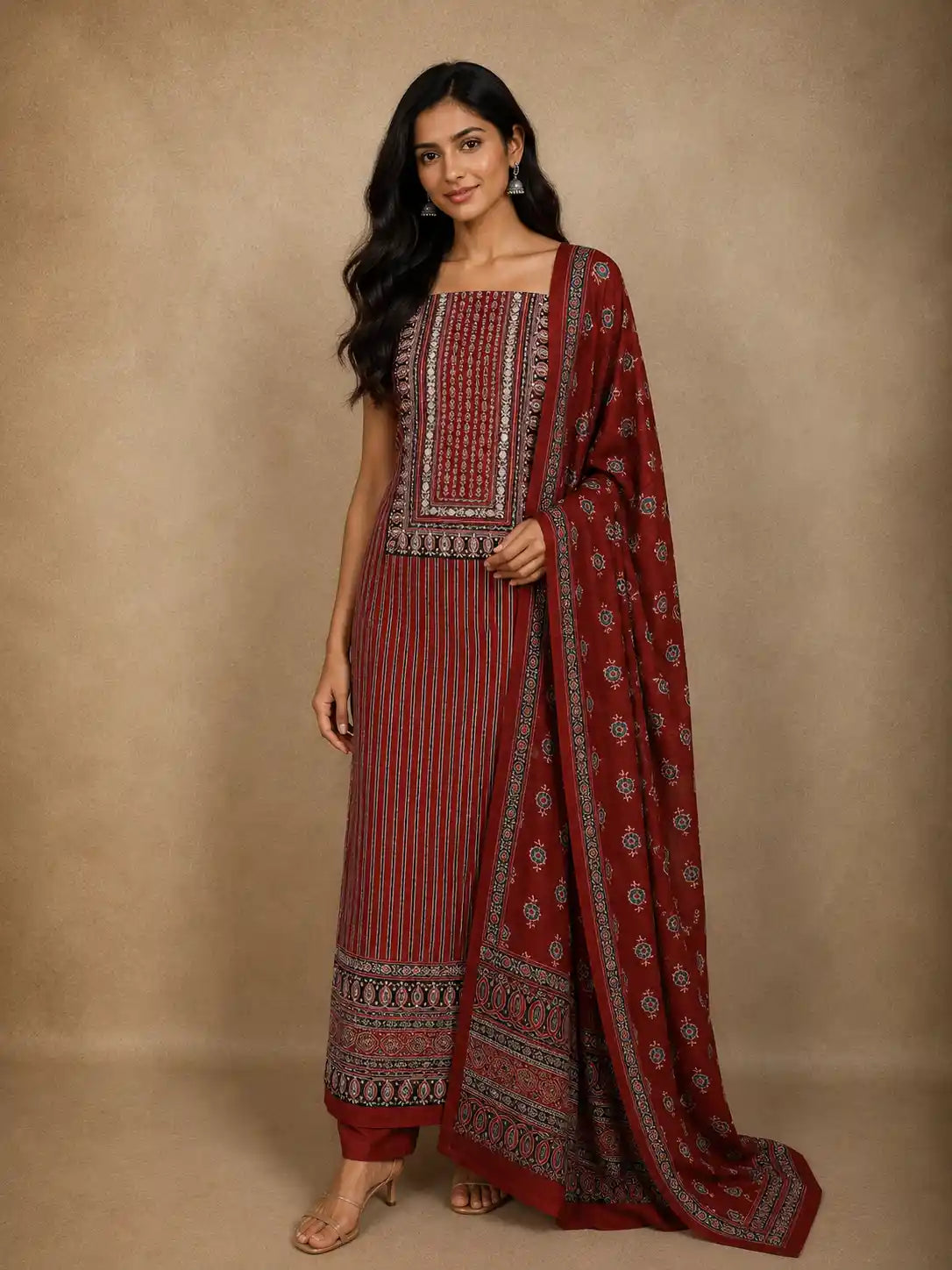 Brick Red Traditional Ajrakh Printed Design Cotton Unstitched Salwar Material with Dupatta