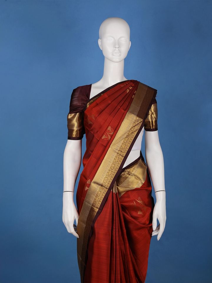 Brick Red Woven Zari Border Silk Saree - Diadem