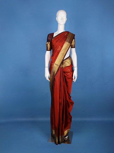 Brick Red Woven Zari Border Silk Saree - Diadem