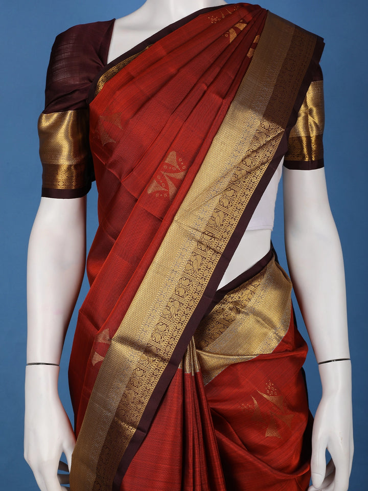 Brick Red Woven Zari Border Silk Saree - Diadem