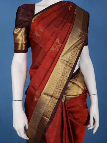 Brick Red Woven Zari Border Silk Saree - Diadem