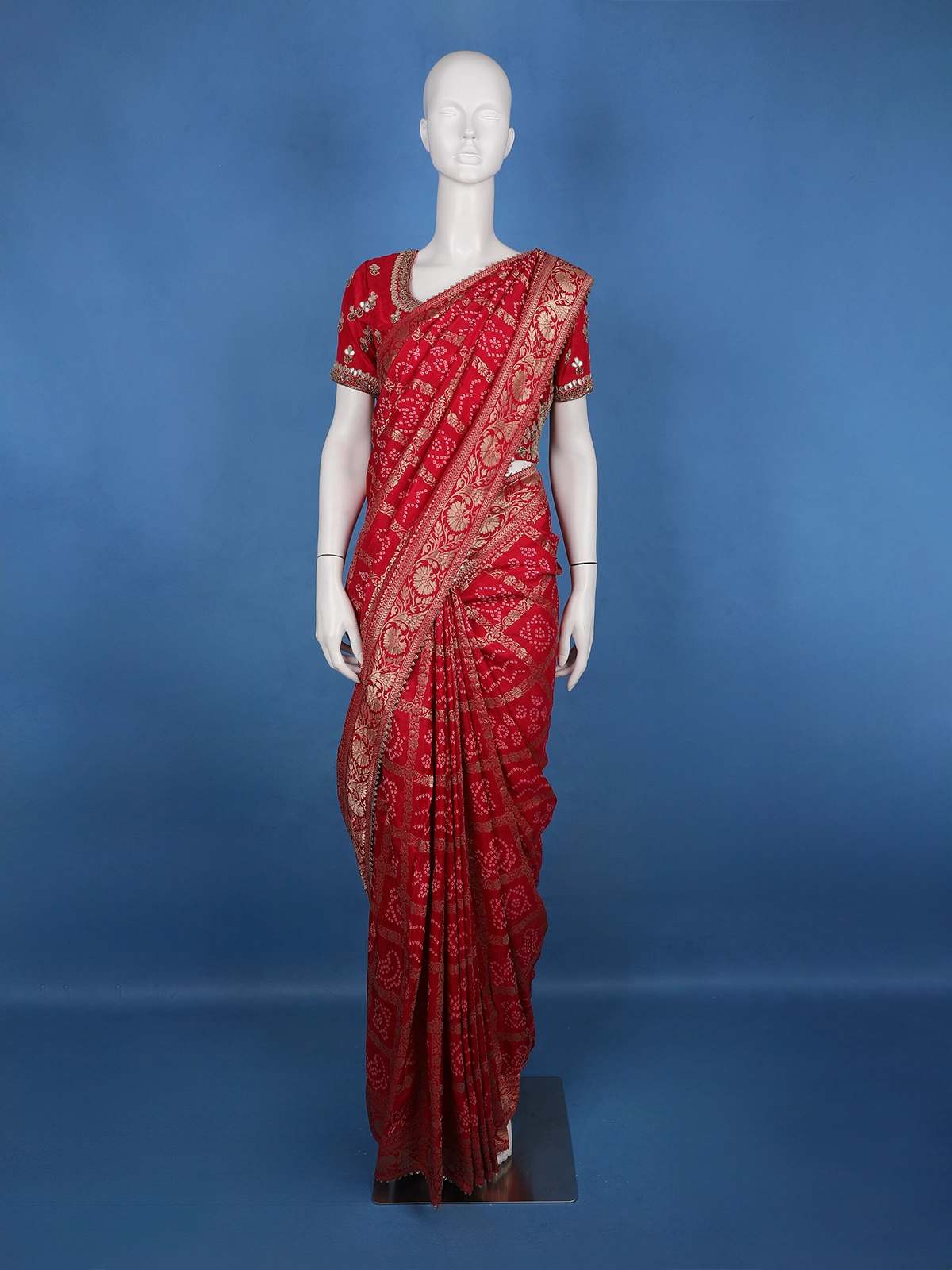 Bridal Red Print Woven Zari Border Bandhani Saree - Diadem