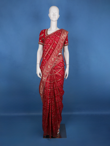 Bridal Red Print Woven Zari Border Bandhani Saree - Diadem