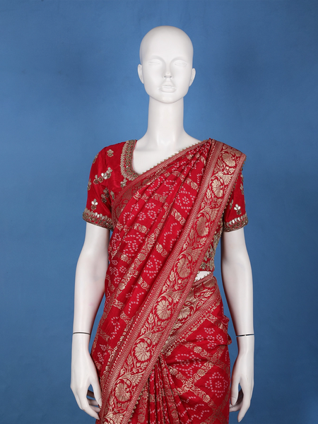Bridal Red Print Woven Zari Border Bandhani Saree - Diadem