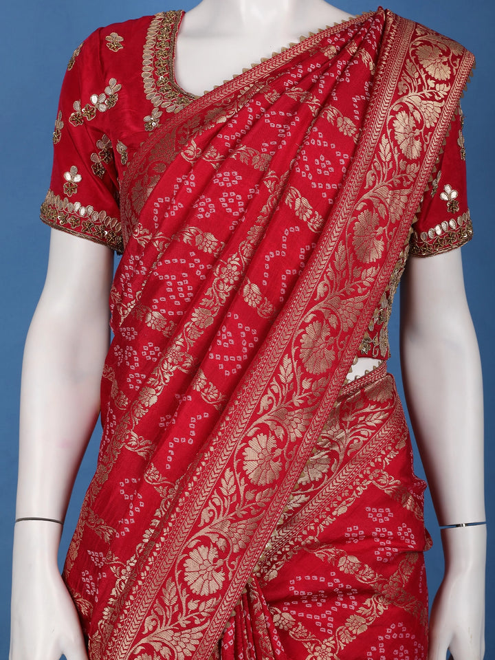 Bridal Red Print Woven Zari Border Bandhani Saree - Diadem